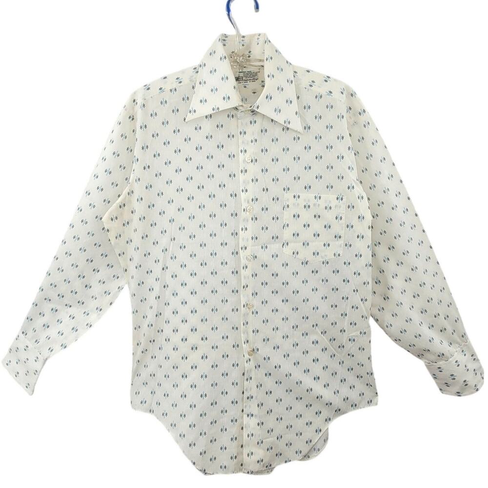 Vintage 70s Blue White Geometric Men's Shirt Retro Statement Classic Style‎